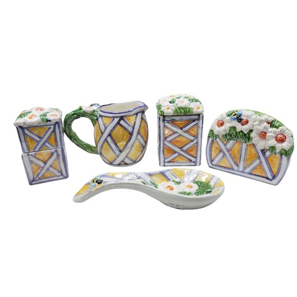 Vintage Glazed Ceramic Daisy and Honeybee Farmhouse Style 7 piece Tabletop Set - Picture 6 of 10